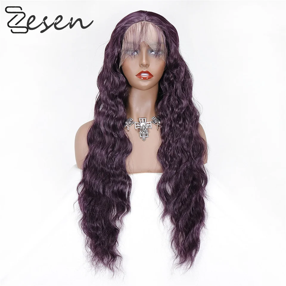 

Synthetic Long Body Wave Lacr Front Wig 13x4 Heat Resistant Glueless Fiber Hair for Women Black Purple Natural Hairline Wig