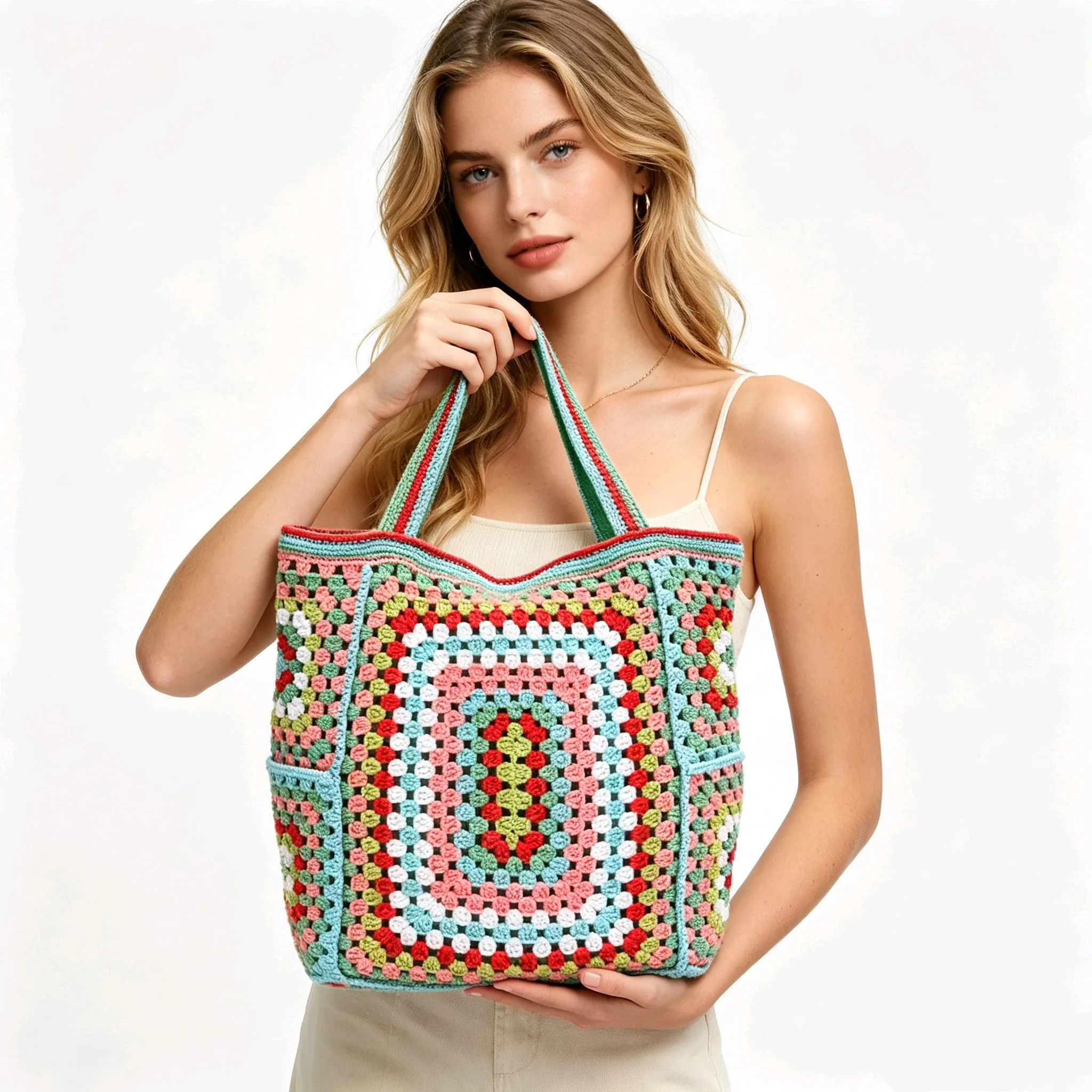 Women's Bohemian Multicolor Crochet Tote Bag Handmade Knitted Large Capacity Summer Beach Casual Crossbody Shoulder Handbag