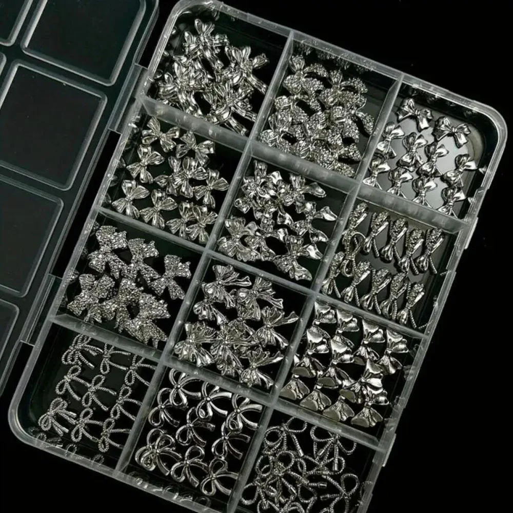 12Grids 3D Luxury Alloy BowsTies Nail Art Charms Minimalist Silver Ribbon Line Bows Wings Mixed Nail Decorations DIY Silver Nail