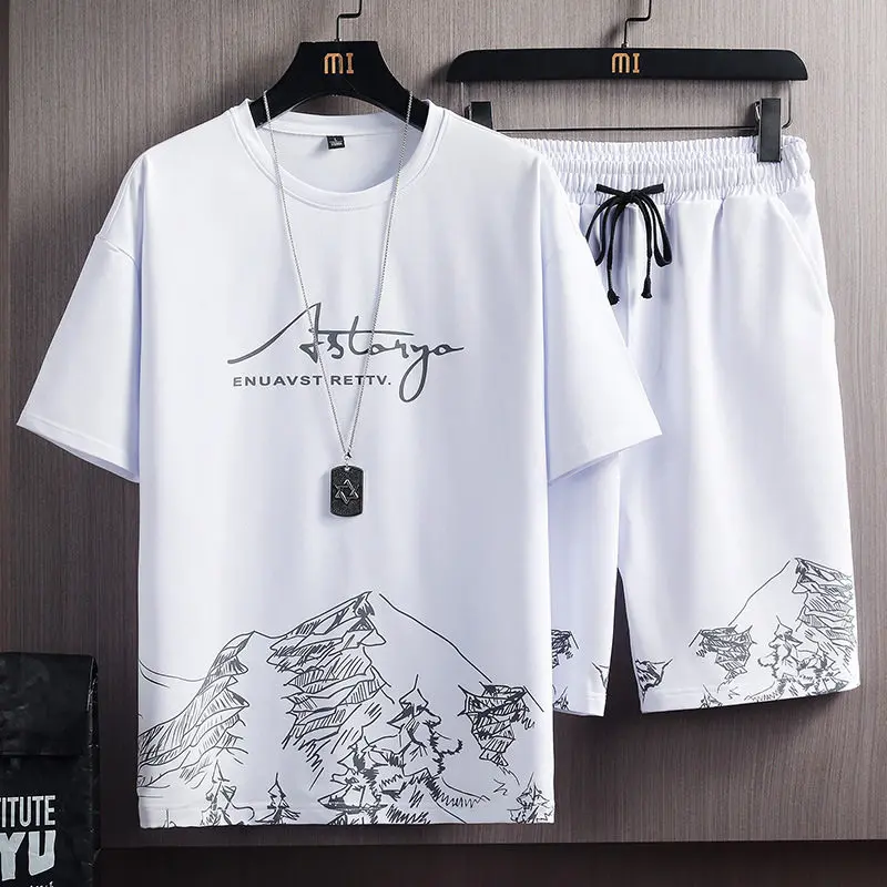 Casual Ice Silk Short Sleeve Sports Suit Set for Men Summer Thin Two-Piece Beachwear Loose And Versatile Teenage Polyester Fiber