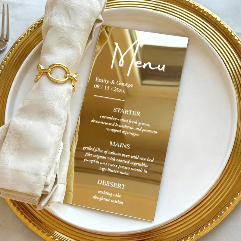 Menú de boda personalizado, menú de boda personalizable para espejo, menú acrílico dorado, decoración de mesa de menú acrílico de oro rosa con espejo
