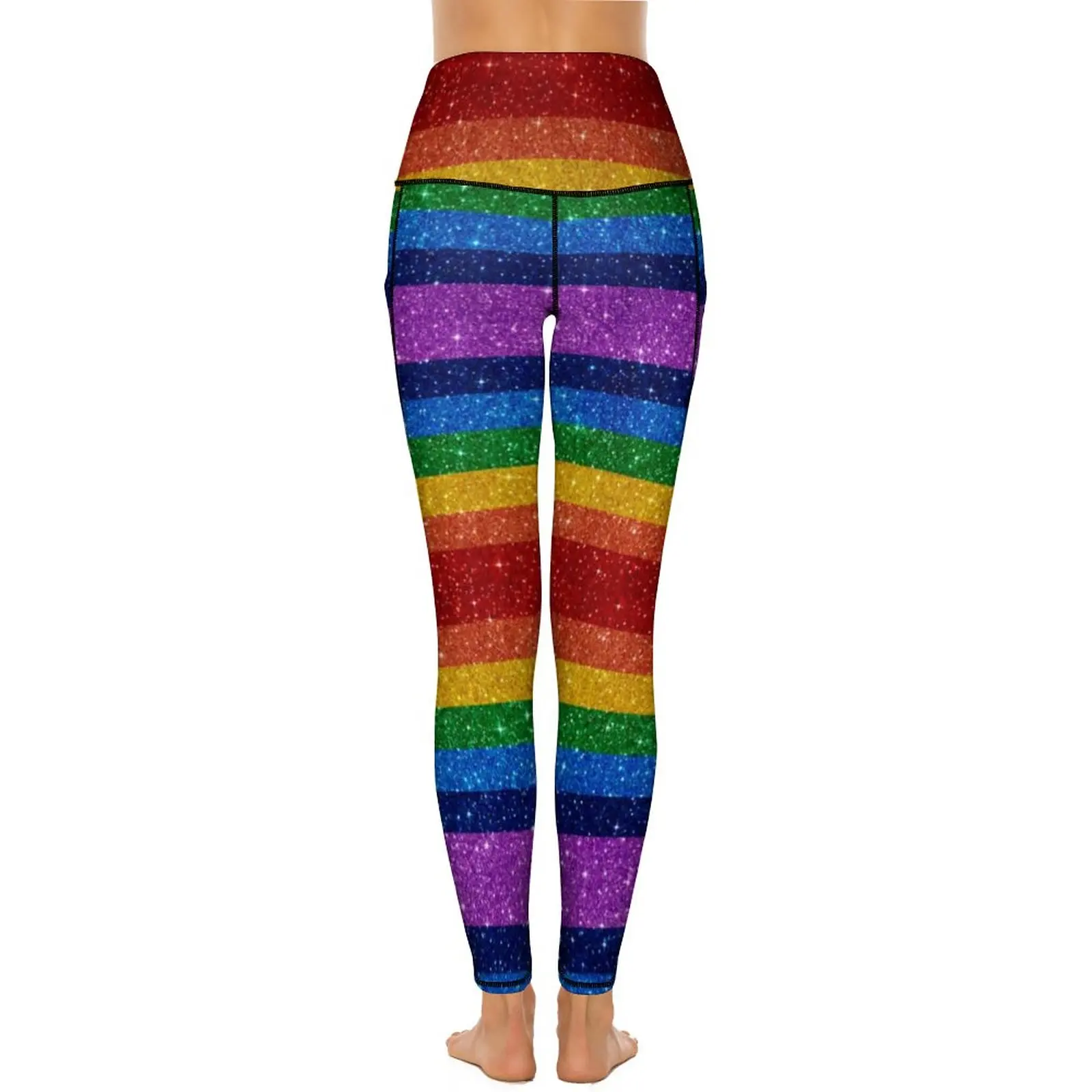 Bling Me Up Rainbow Yoga Pants Pockets Striped Pop Art Glitter Leggings Sexy Push Up Yoga Sports Tights Quick-Dry Gym Legginsy