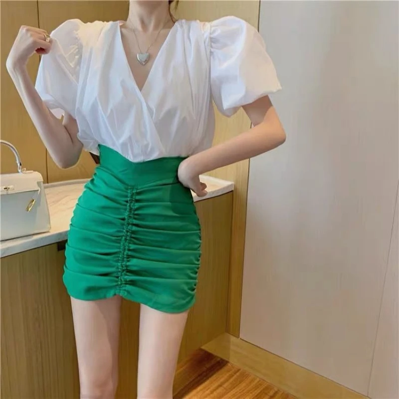 

Women's 2026 Summer Fashion Two Piece Outfit French Style V Neck Puff Sleeve Blouse Pleated Asymmetrical Bodycon Skirt Set