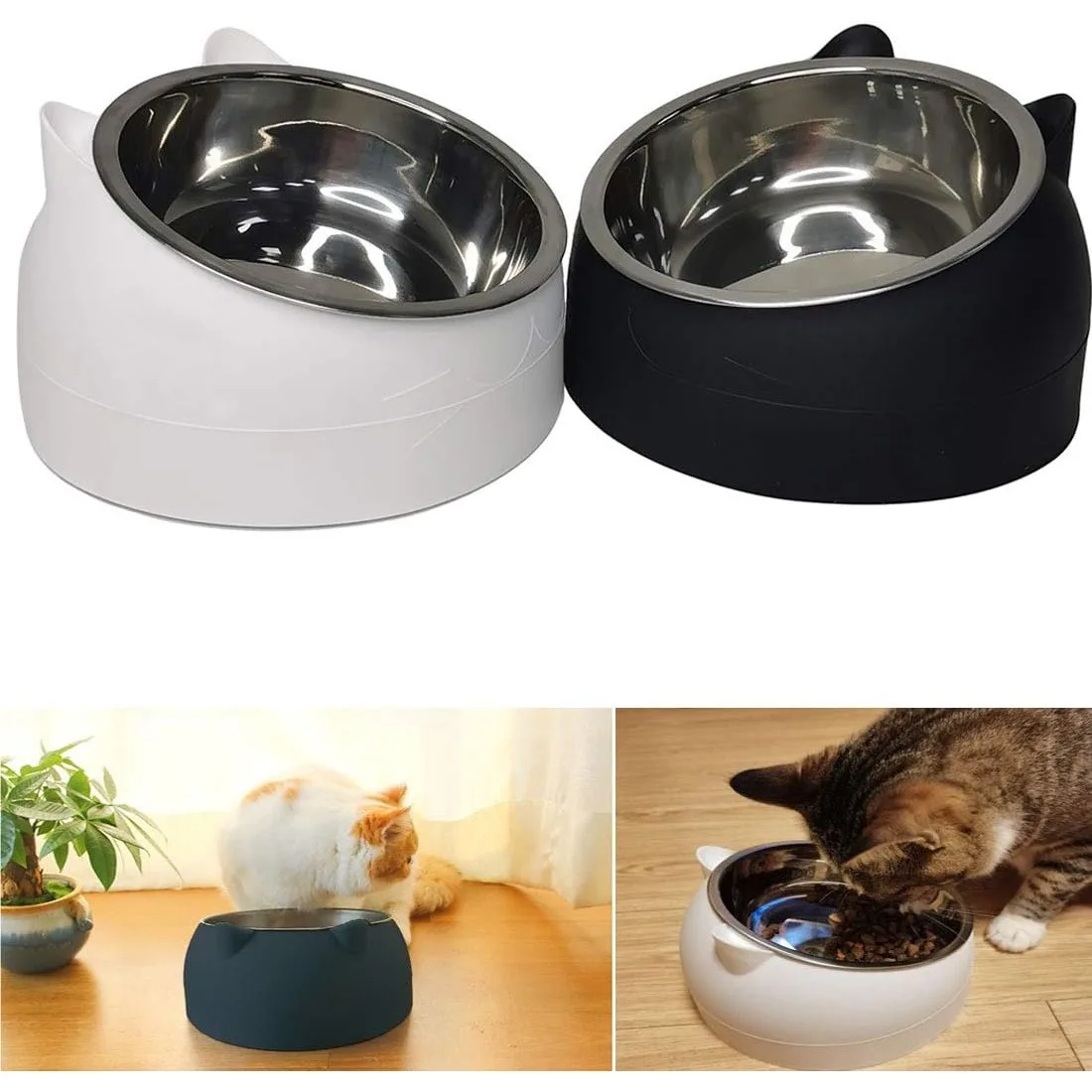 Pet Food Dish Raised Tilted 15° Slanted Elevated Cat Feeder Non-Spill  Anti-Slip Detachable Stainless Steel Bowl for Small Dog