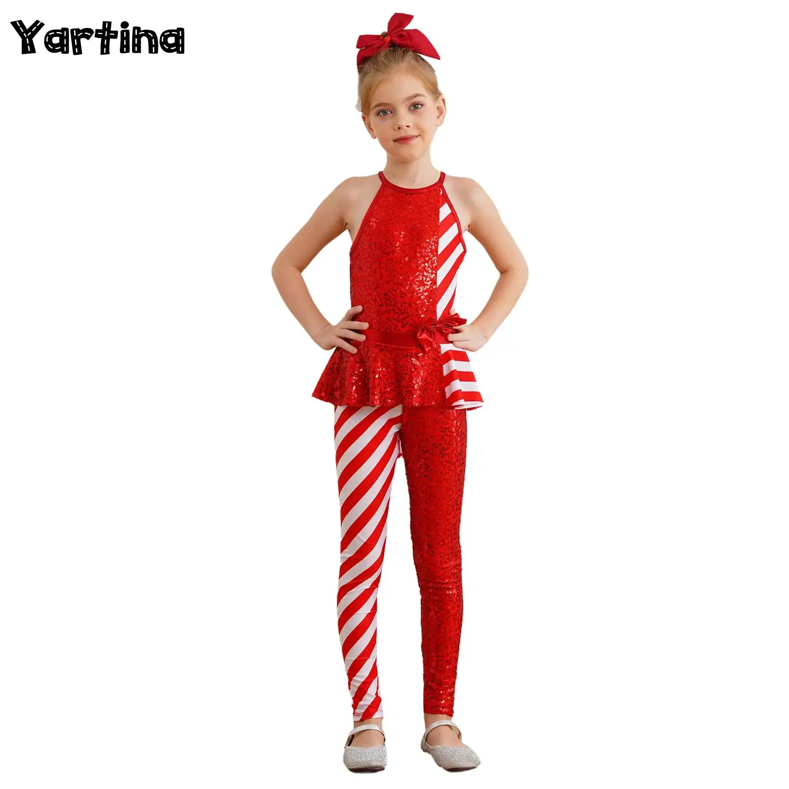 

Girls Christmas Xmas Candy Cane Cosplay Costume Gymnastics Figure Skating Striped Bodysuit Open Back High Waist Peplum Jumpsuit