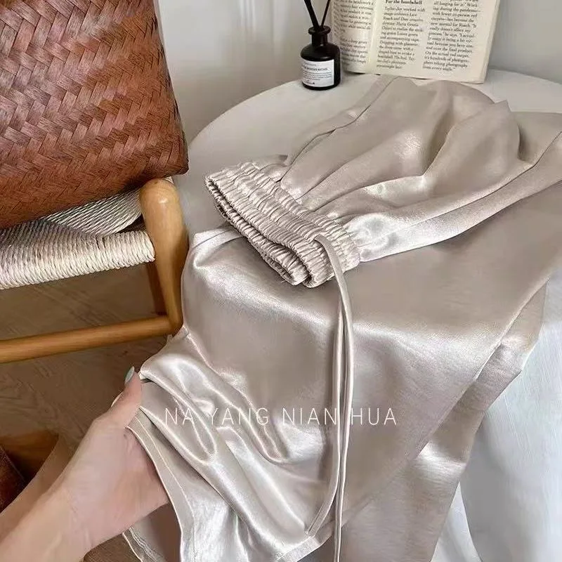 Elegant Acetate Satin Wide Leg Pants Women's High Waist Drapey Texture Casual Straight Leg Trousers Summer New Style