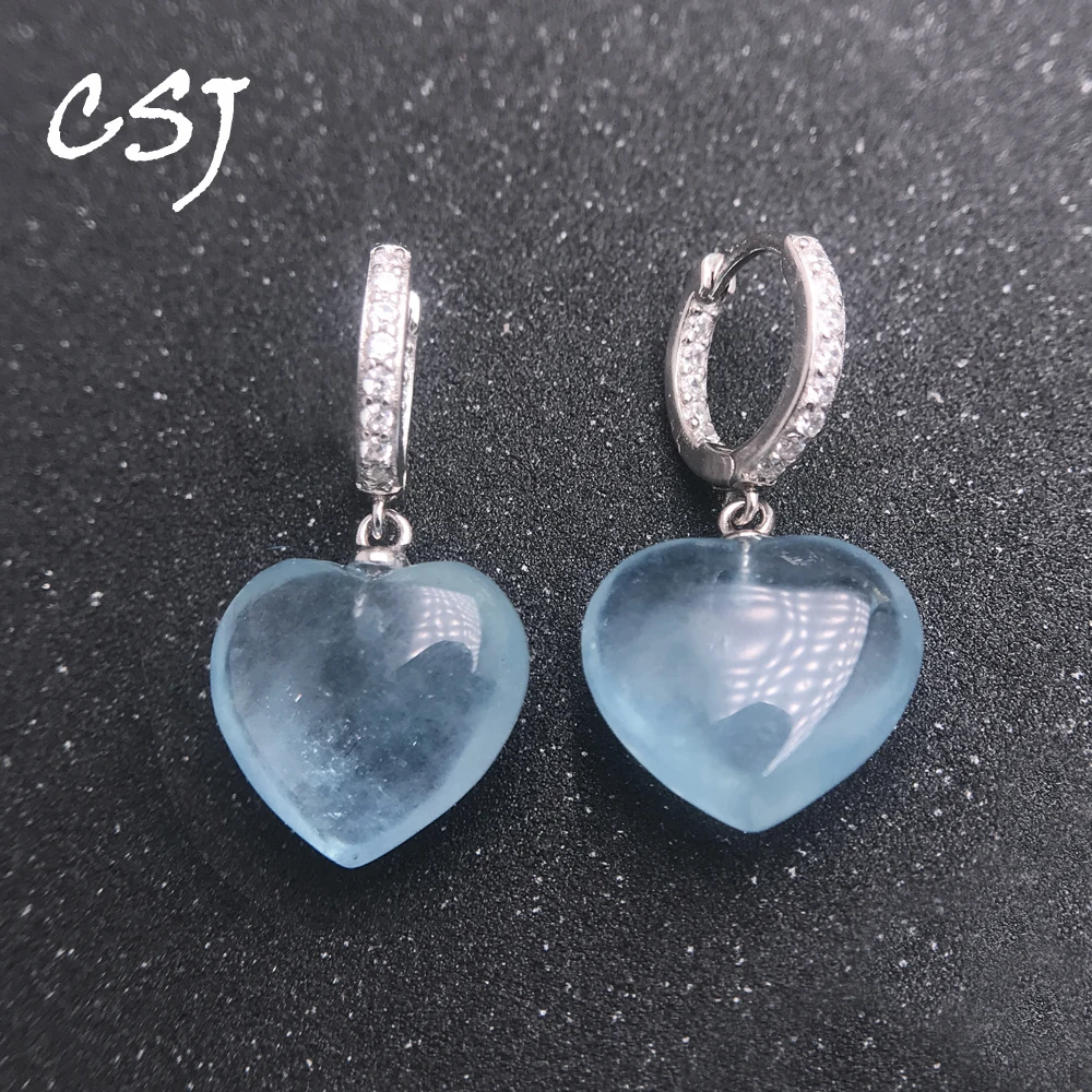 Trendy Natural Aquamarine Heart Earrings Sterling 925 Silver Gemstone 14-15mm for Women Birthday Party Christmas Gift