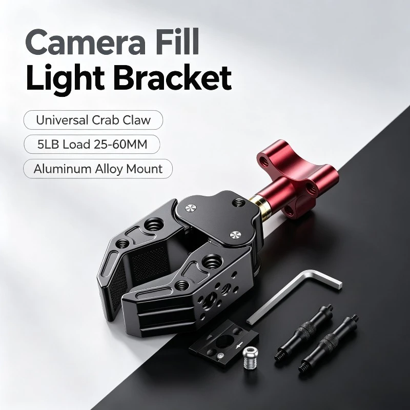 Aluminum Alloy Camera Fill Light Bracket, Universal Crab Claw Extension Clamp, 5LB Load 25-60MM Metal Mount Holder