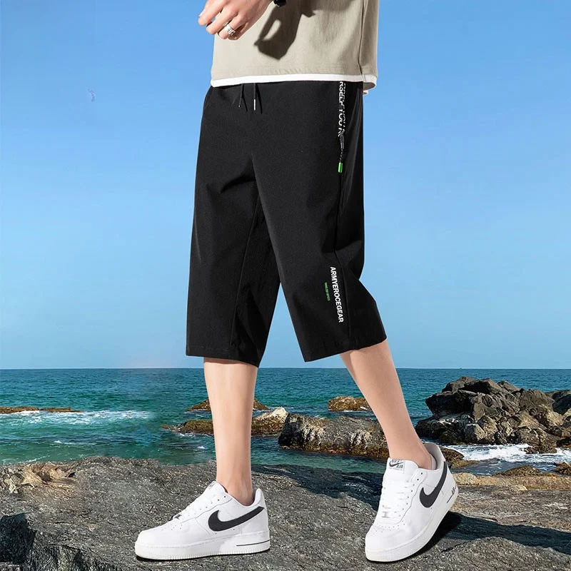 

Мужские летние тонкие быстросохнущие спортивные повседневные брюки свободного кроя с прямыми штанинами длиной 7/8, модные и стильные шорты