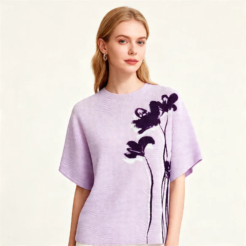 

Новая женская футболка Miyake Simple Casual с плиссировкой, круглым вырезом, коротким рукавом и принтом, топ-пуловер, весна 2026, модная коллекция