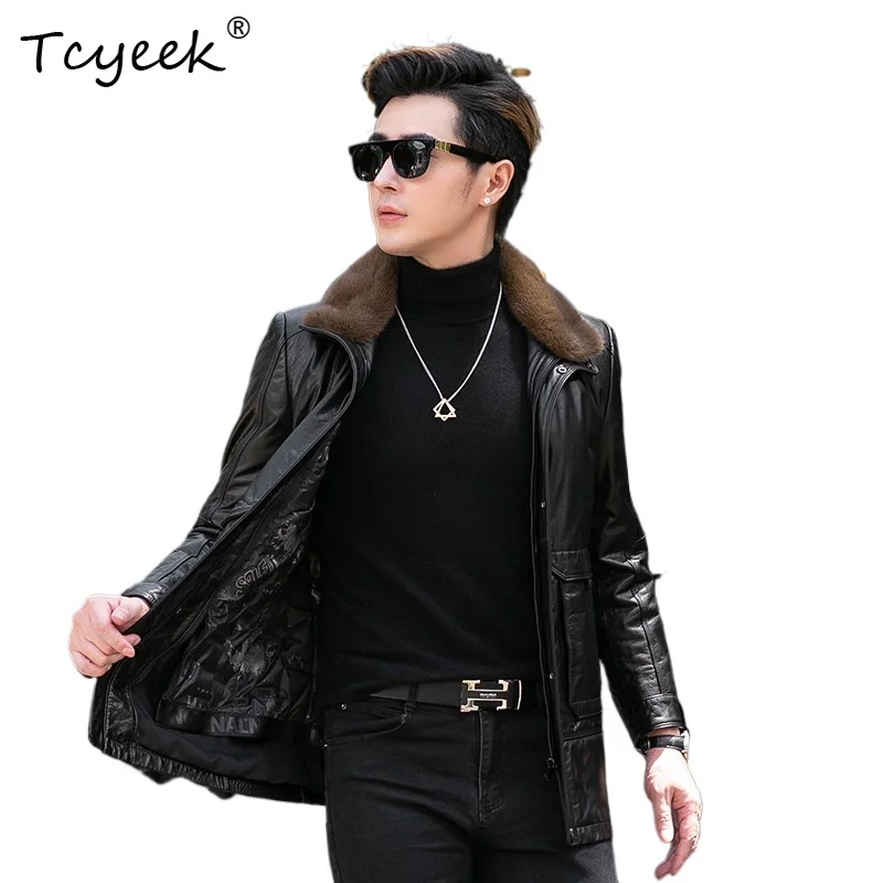 Tcyeek Natural Cowhide Real Leather Jacket Men Mid-length 90% White Duck Down Coat Mens Clothes Trendy Detachable Liner 가죽점퍼