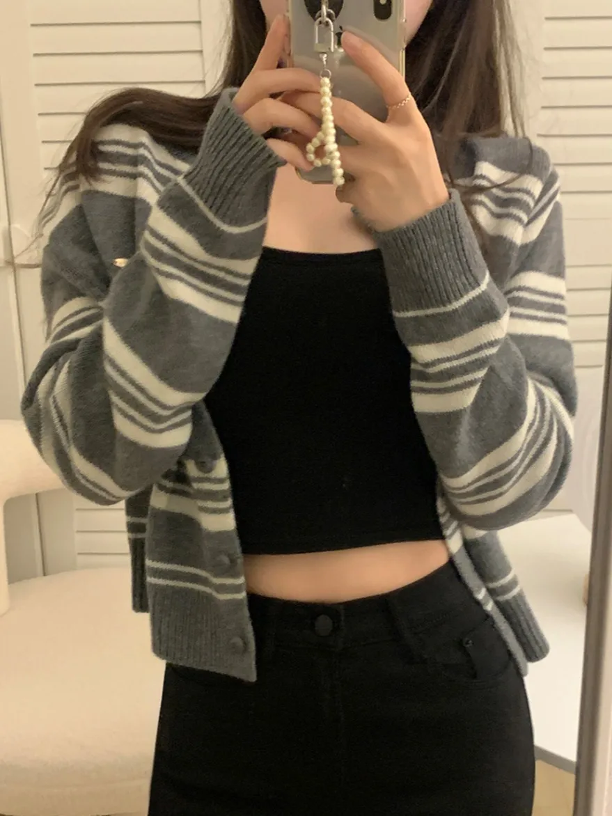 Cardigan de Malha Vintage Casual de Manga Longa Slim Fit para Outono Inverno Estilo de Rua F Exclusivo Online