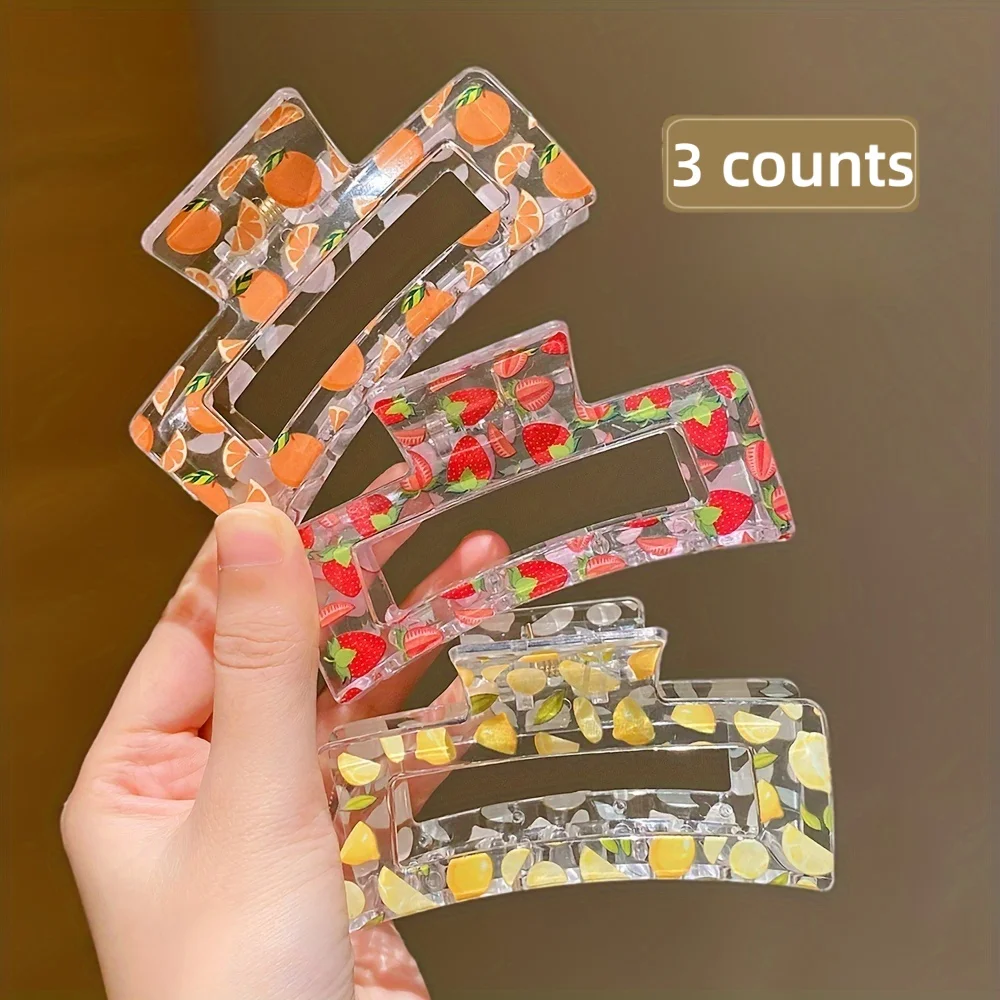 

3 Pieces of Girls' Acrylic Colorfulful Fruit Transparent Grabber Female Rope Little Girl Fresh Floral Transparent Shark Clip Hai