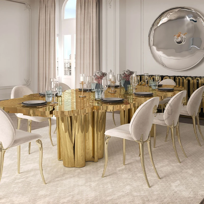 Deluxe dining table gold wavy, metal dining table, high-end dining table