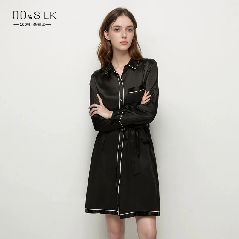 2025 Summer New Style Silk Nightdress for Women - 100% Mulberry Silk, Long-sleeved Collared Loungewear Cardigan Shirt Dress