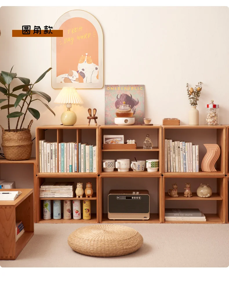 Solid wood free combination cabinet, bookcase, Japanese living room, cherry wood lattice cabinet, floor-to-ceiling simple booksh
