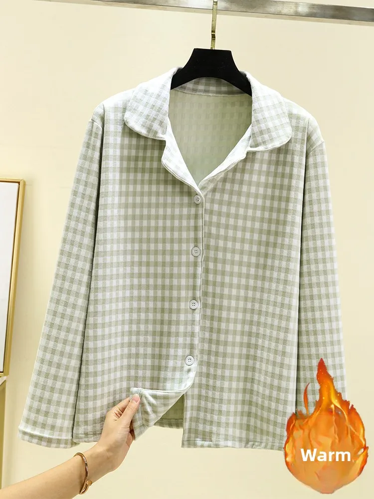 Thickened Flannel Plaid Sleepwear Top Women's Winter Home Leisure Long Sleeve Large Size Fleece Lined Open Cardigan