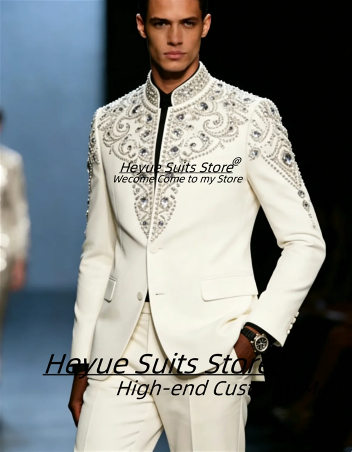 High-end White Shiny Diamond Crystal Groom Wedding Tuxedos Customized Slim Fit Stand Collar Men Suits 2Pieces Sets Costume Homme