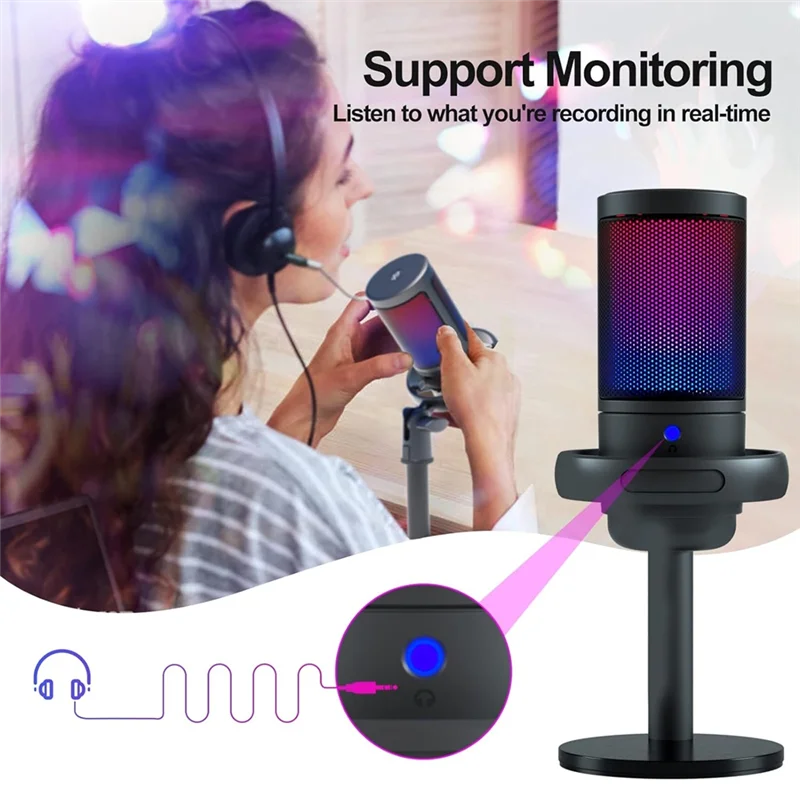 USB コンデンサーメタルマイクプロフェッショナル録音ストリーミング RGB ライトデスクトップポッドキャストマイク、使いやすく耐久性