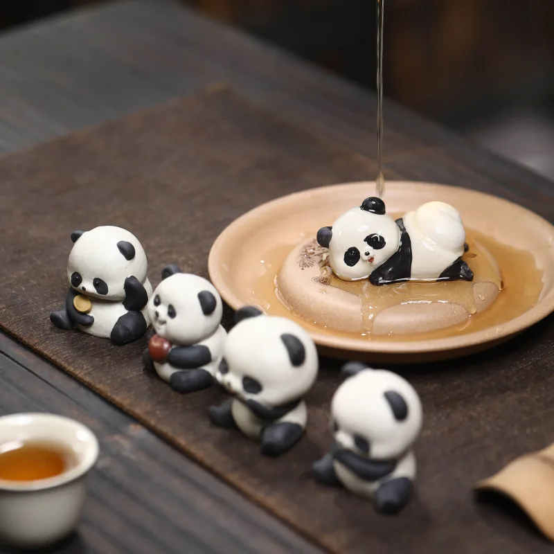 Chinese Yixing Lovely Purple Clay Tea Pet Handmade Panda Statue Tea Figurine Ornaments Crafts Tea Set Decor Accessories