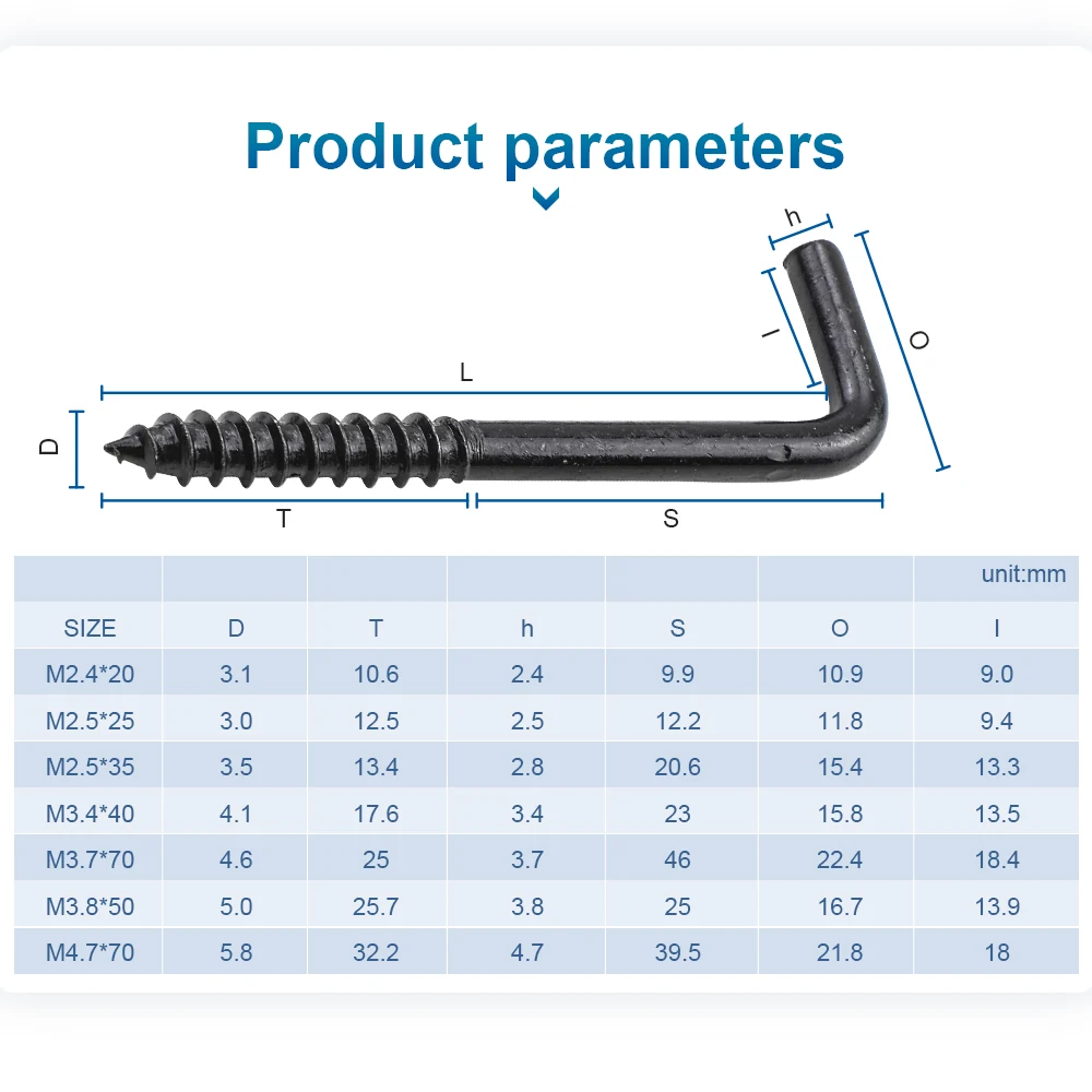 NINDEJIN 10/20pcs L Shaped Hooks Screw in Ceiling Hooks M2.4 M2.5 M2.8 M3.4 M3.7 M3.8 M4.7 Black 7 Shape Right Angle Hooks