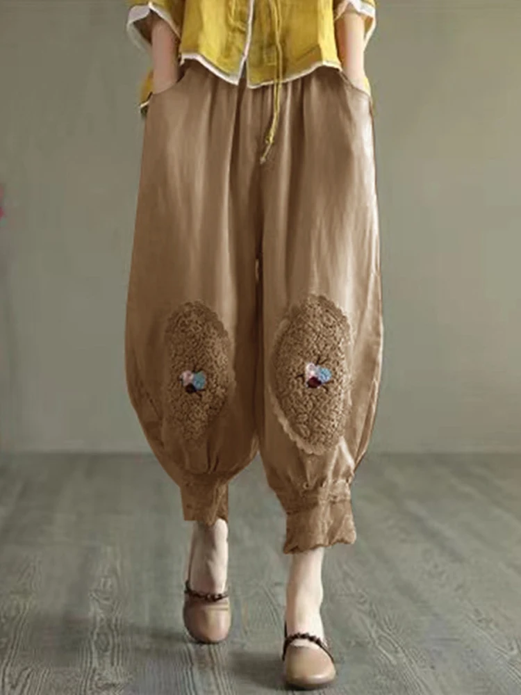 

Women Casual Harem Pants New Capris Summer Vintage Flower Embroidered Cotton Bloomers Female Ankle-Length Lantern Pants