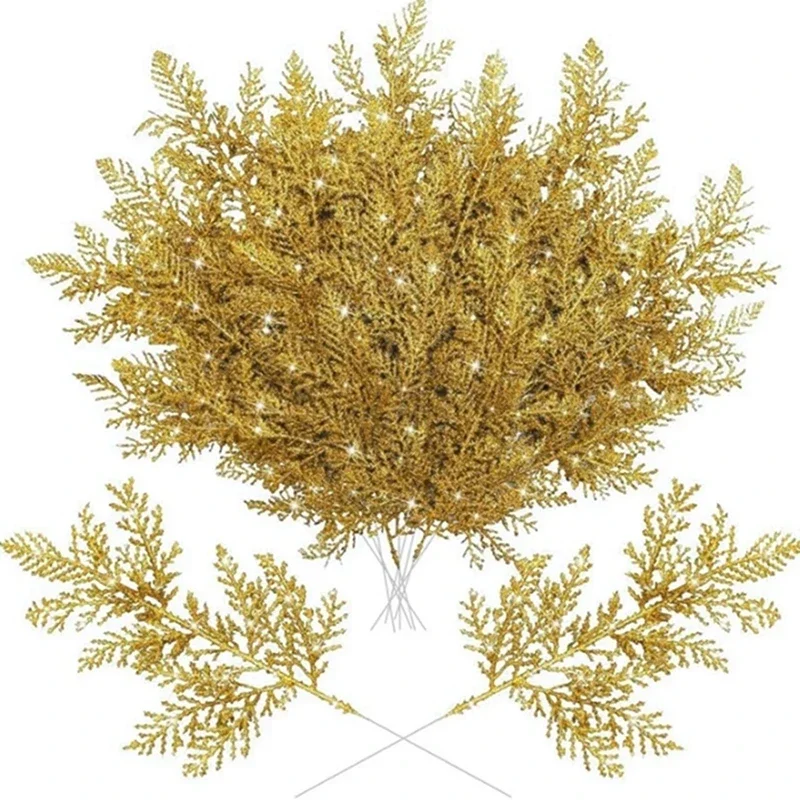 Glitzernde Künstliche Kiefernnadel-Zweige 5/10 Stück Weihnachtsbaum-Kranz DIY Blattwerk-Stiele Heim-Party Weihnachtsgirlande Deko-Ornamente – Detail 11