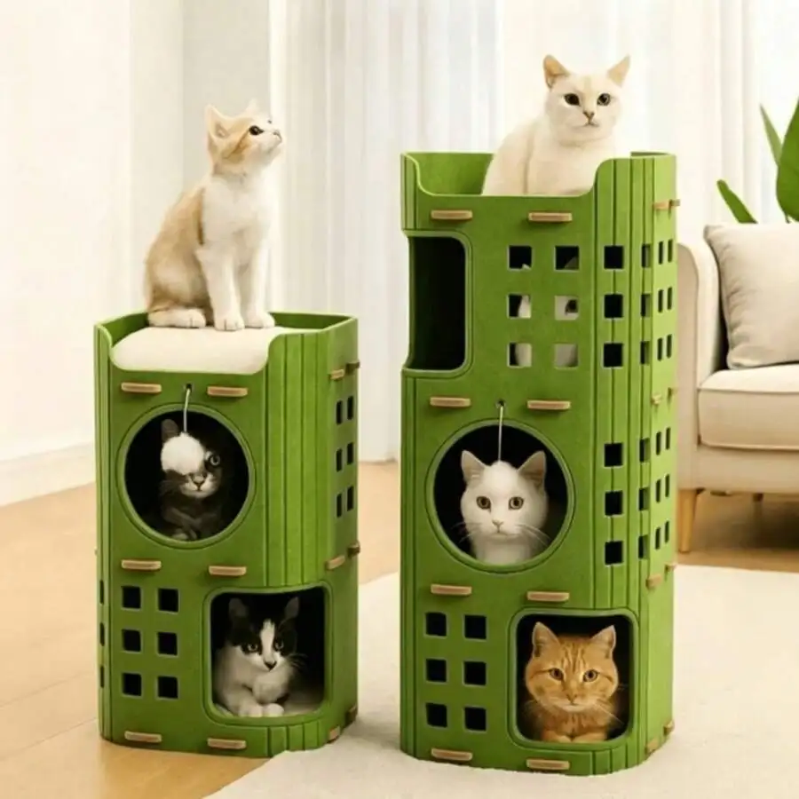 3-Layer Felt Hollow Cat House, Multi-Layer Ventilated Cat Apartment Tree, All-Season Indoor/Outdoor Cat Bed, Integrated Scratchi