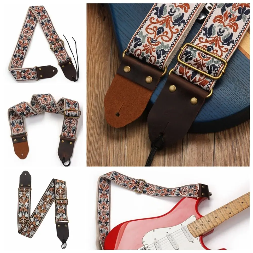 Vintage Flowers Embroidered Guitar Strap Tail Nail Pick Adjustable Guitar Strap Belt Ultra Thick Leather Head