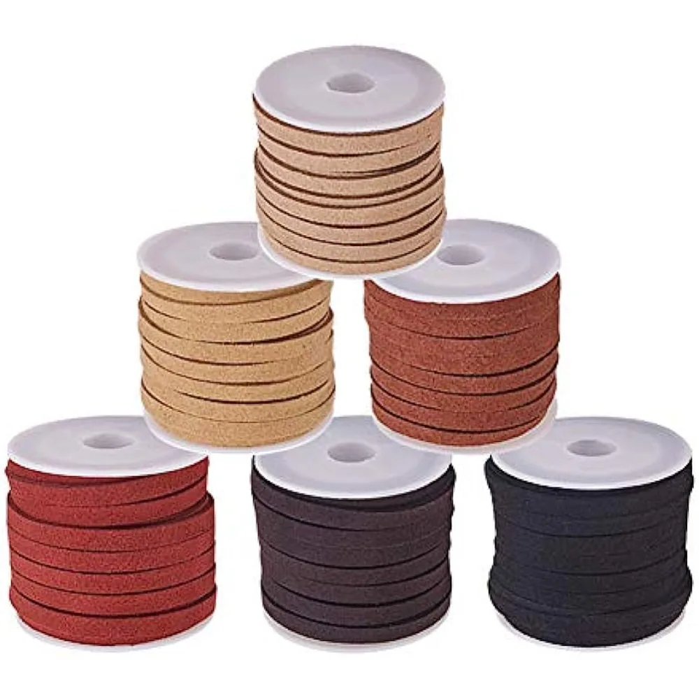 6 Rolls  5x1.5mm Flat Faux Suede Leather Lace 5mm Micro-Fiber Leather String Cord Beading Thread for Jewelry Making Earth Tone