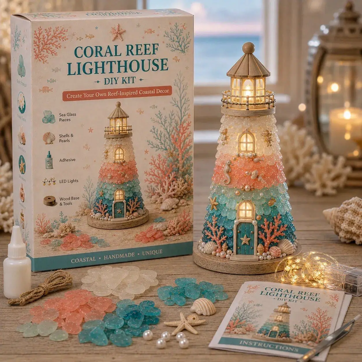 DIY Lighted Sea Glass-Style Lighthouse Kit Collection Beginner-Friendly Diy Glass Decorating with Pieces Guide Handmade Home De