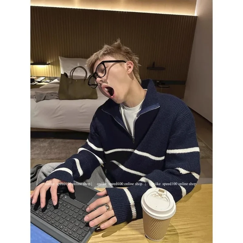

Half Zipper Striped Sweater Men's Stand-up Collar Autumn and Winter New Loose Pullover Base Knit Sweater Jacket