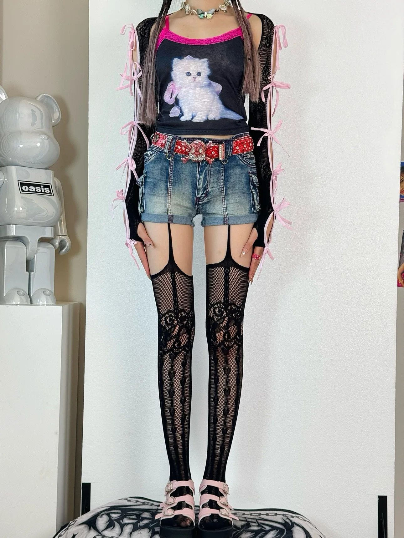 لوليتا الحلو بنات الشرير نمط الأزهار الجوارب الملونة الفخذ العليا جوارب شير شبكة صيد السمك الحمالة الجوارب جوفاء تصميم جوارب طويلة