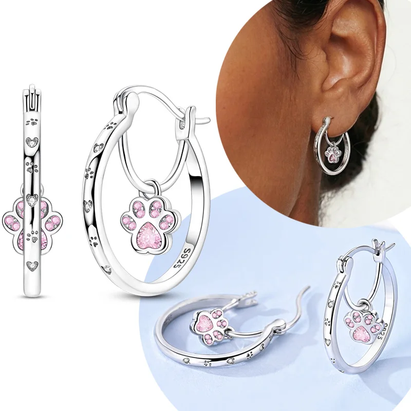 Original 925 Sterling Silver Cute Pink Pet Paw Drop Hoop Earrings For Women Party Wedding Jewelry Gift