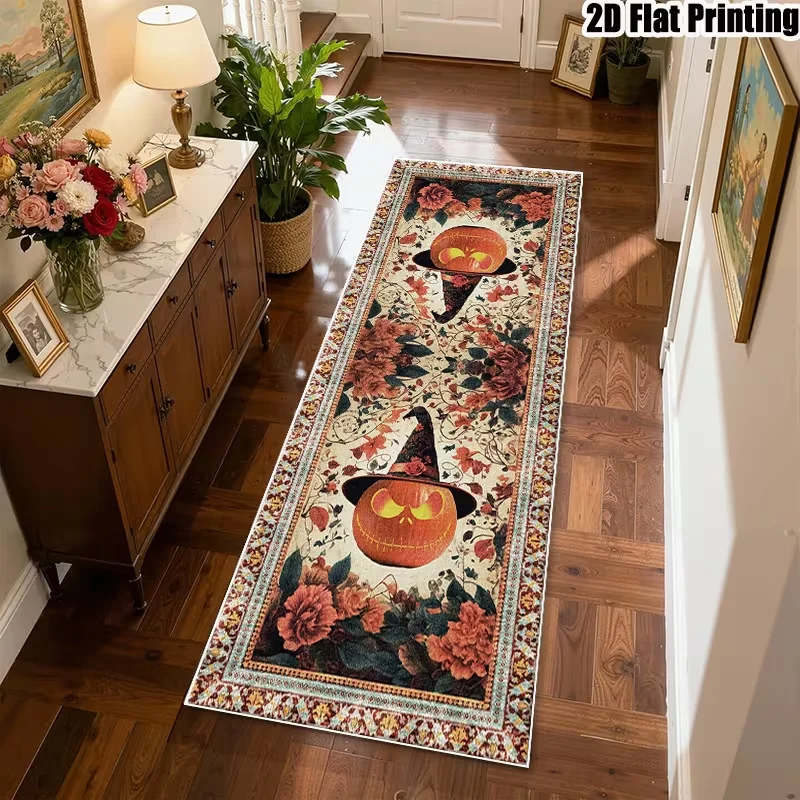 Vintage Floral Witch‑hat Pumpkin Long Runner Rug, Soft Non‑slip Wear‑resistant Floor Mat, Retro Gothic Halloween‑themed Carpet