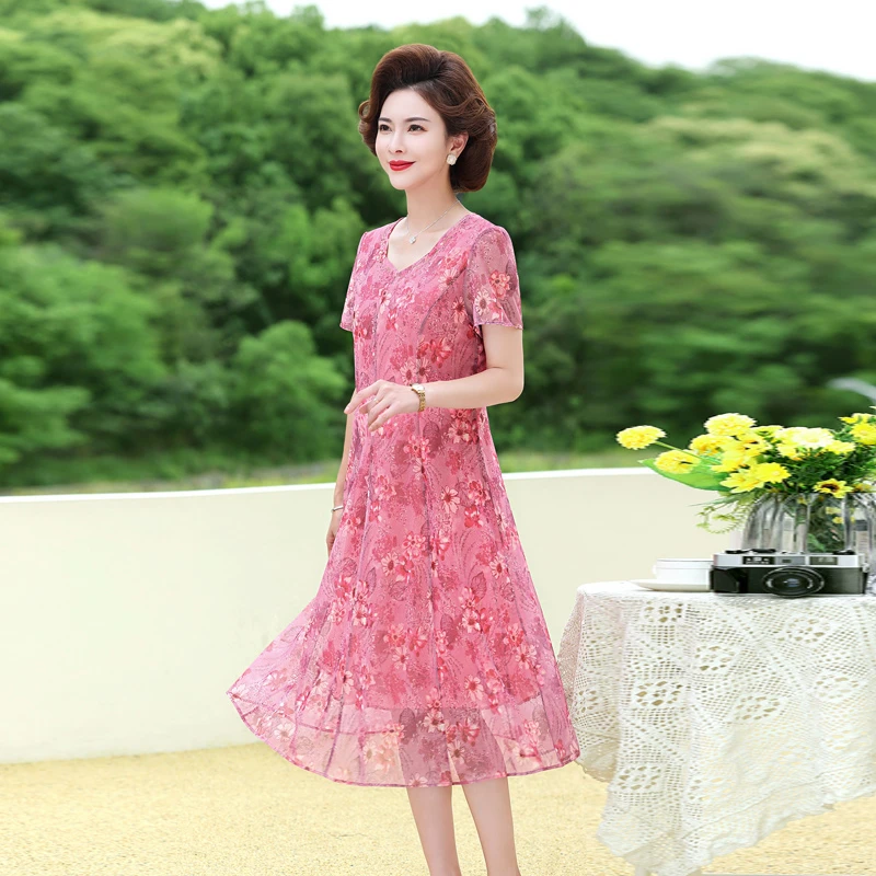Robe longue à fleurs pour femmes, imprimé, coupe cintrée, plissée, col en v, manches courtes, fil taïwanais, dentelle, robes trapèze