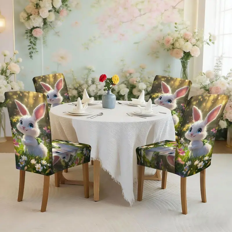 

Набор чехлов для обеденных стульев с плоским принтом и эластичной резинкой, милый пушистый узор с белыми кроликами, защитный чехол для стула.