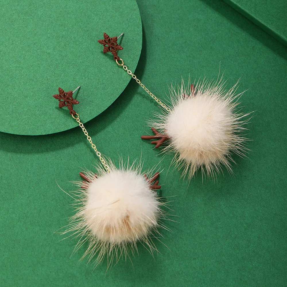 Korean Christmas Snowflake Drop Earrings Fashion Retro Khaki White Pom pom Hairball Long Chain Dangle Earrings For Women Jewelry