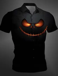 Halloween Pumpkin Casual Dark Men's Shirt Button Up Black Shirt Party Vacation Summer Turndown Short Sleeve Polyester Shirt