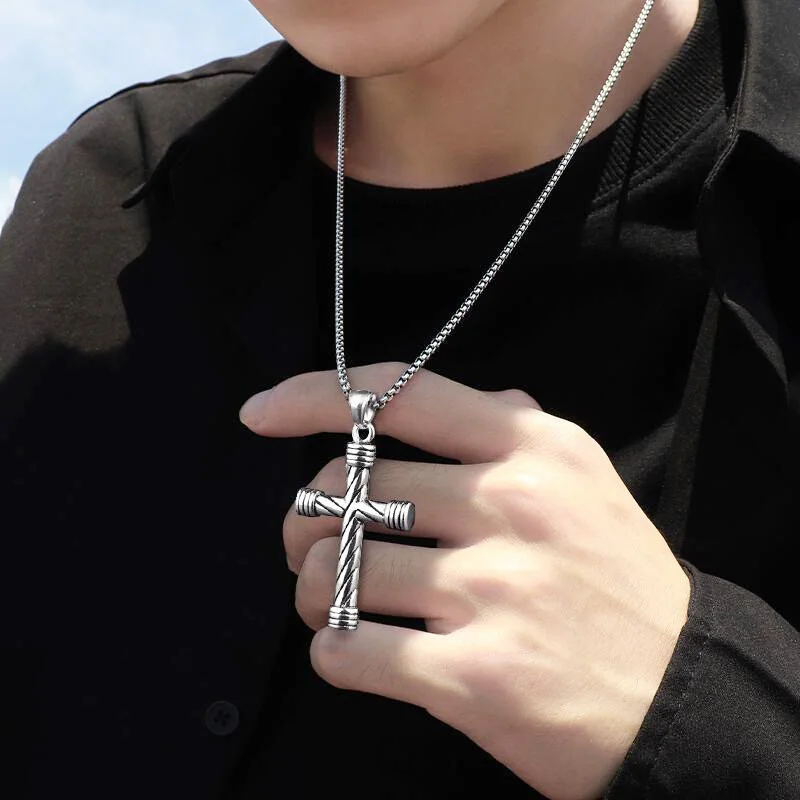 Simple Stainless Steel Cross Men\'s Sweater Chain Clavicle Chain Vintage Crystal Charm Pendant Necklace Jewelry for Women Gifts