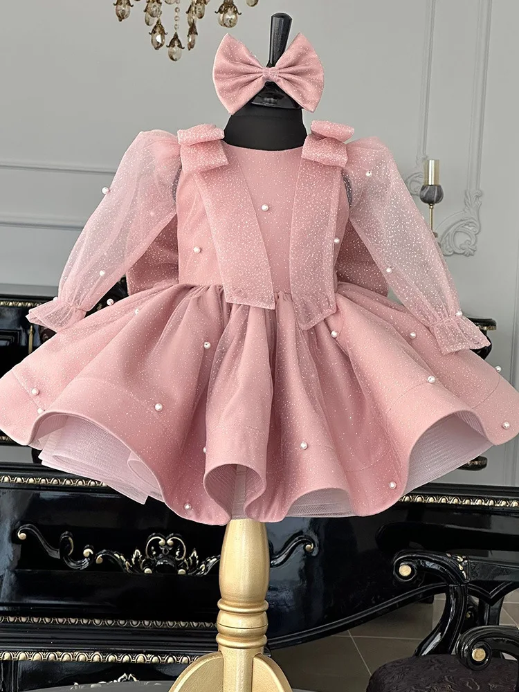 Luxury Girls pearl Big bow bambini Fluffy maniche lunghe abito da principessa abito da sposa abiti per bambini vestito da festa di compleanno per bambini