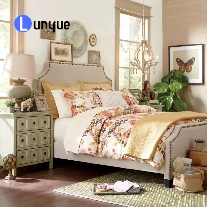 Beige Modern Soft Upholstered Bed Frame Queen King Size Tall Headboard with Spike Trim Comfortable Bedroom Furniture