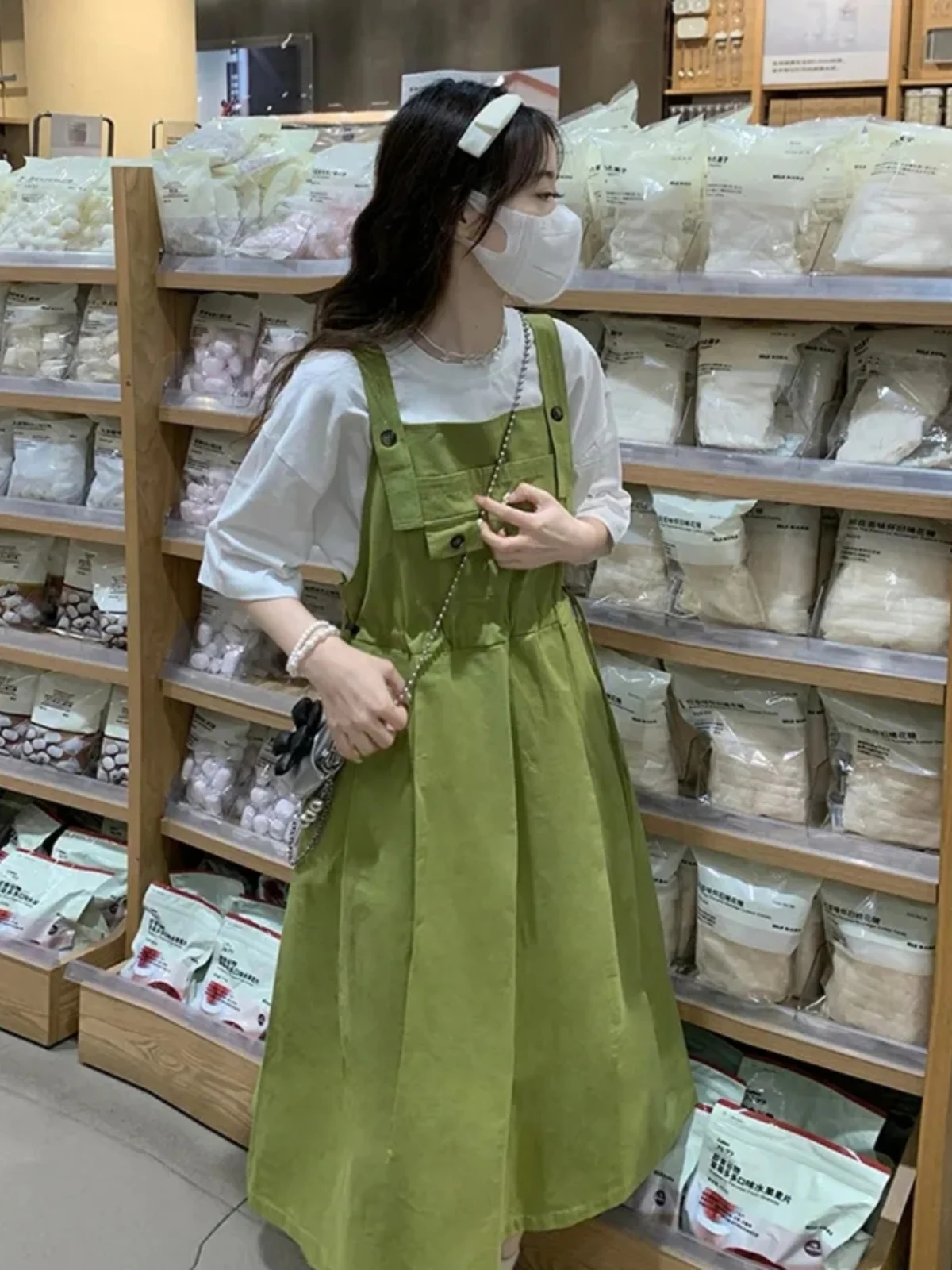 포레스트 시스템 디자인 달콤하고 짭짤한 컬리지 스타일 스트랩 드레스 여성 티셔츠 학생 허리 조임 투피스 세트