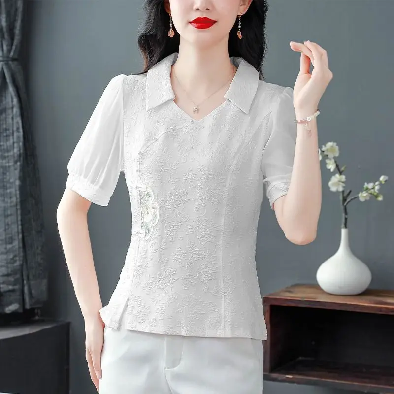 2024 Women Summer New Chinese Style V-neck Spliced Gauze Solid Color Button Beading Versatile Slim Embroidered Short Sleeve Tops