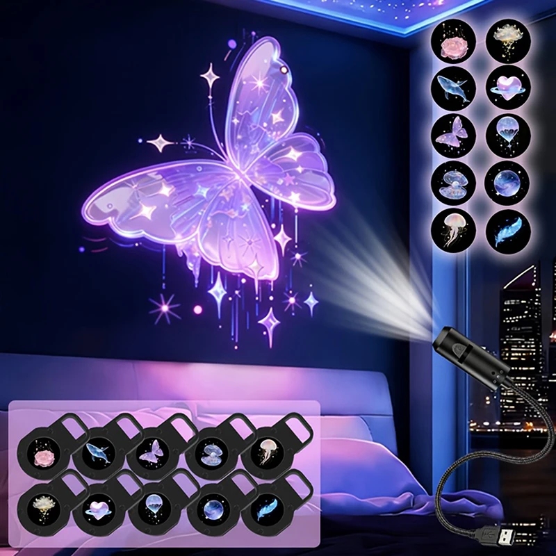 Creative LED Projection Light USB LED Projector LED Butterfly Projection Night Light LED Projector With 10 Patterns