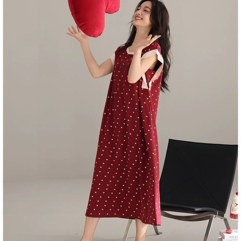 Pajamas with Chest Pads Women's Summer Cotton Sleeveless Vest Long Knee Dress Can Be Worn Outside Pajamas Heart Shape Underwear