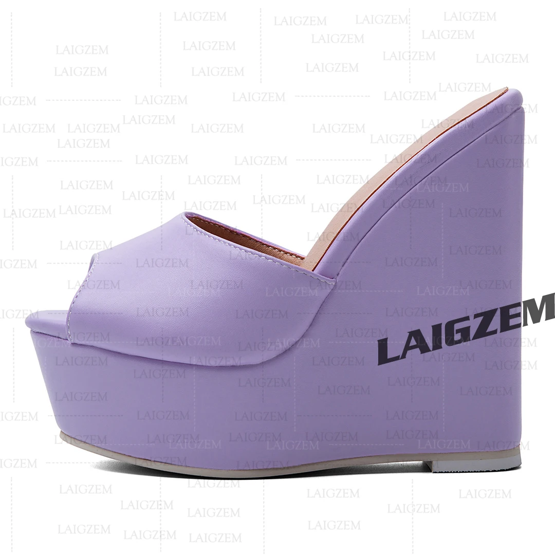 LAIGZEM Women Pumps Platform Wedges Mules Peep Toe High Heels Slip On Ladies Handmade Black Shoes Woman Large Size 39 44 48 52