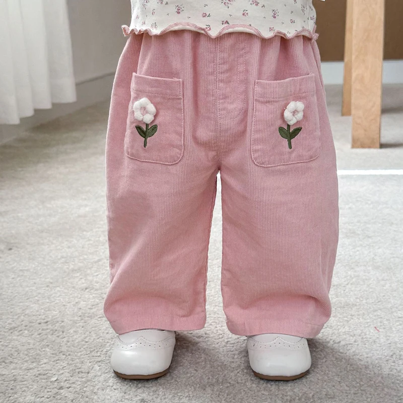 

Korean Children's Clothes 2025 Autumn Girl Corduroy Straight-Leg Pants with Flower Embroidery 0-5Y Kids Casual Trousers