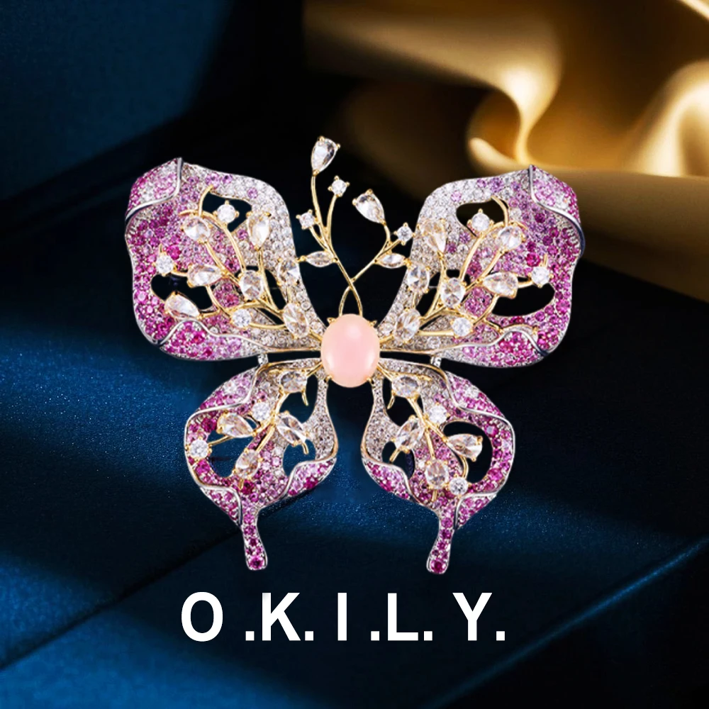 OKILY Luxury Pink Queen Shell Butterfly Bright Brooch High Sense Elegant Natural White Shell Animal Broche Coat Suit Accessories