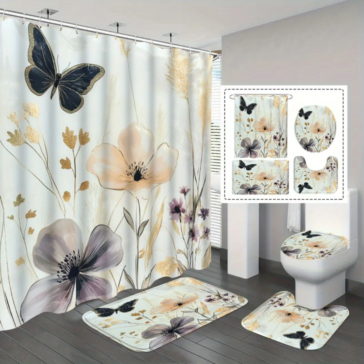 

4pc Butterfly and flower pattern bathroom decorations, shower curtain with hooks, non-slip mat, toilet seat cover, non-slip mat